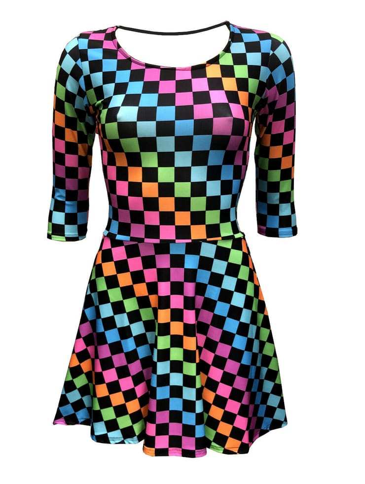 Women's Funky Multi Check Squares Checkerboard Checker 3/4 Sleeve Skater Dress