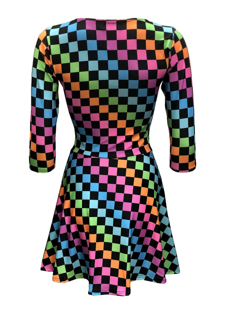 Women's Funky Multi Check Squares Checkerboard Checker 3/4 Sleeve Skater Dress