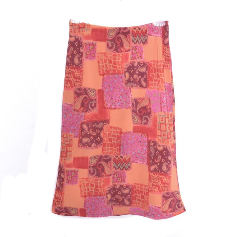 Y2K Patchwork Skirt 00s Midi Paisley Floral Pink Orange High