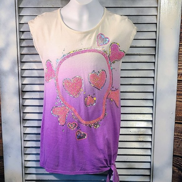 Justice Sz 8 Glitter Skull Side Tie Tee
