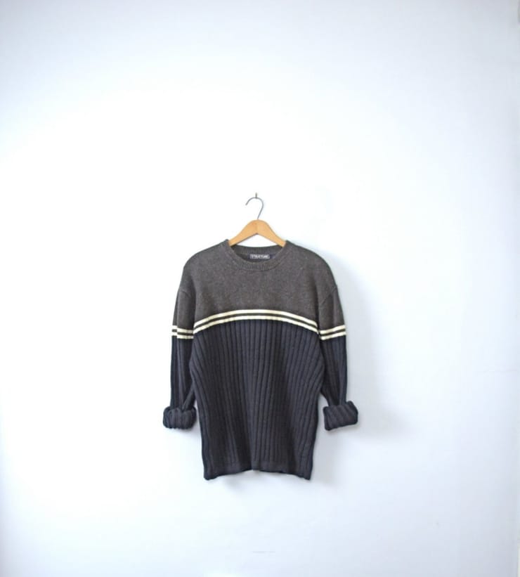 Vintage 90's grunge sweater, navy blue and grey ribbed knit sweater, striped sweater, size large