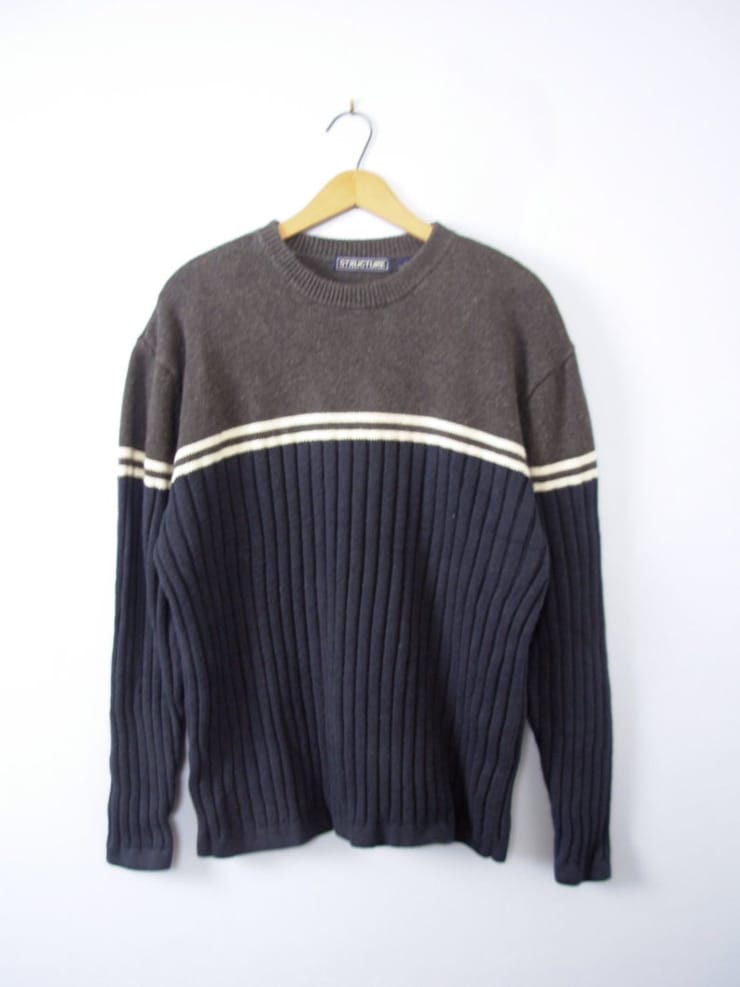 Vintage 90's grunge sweater, navy blue and grey ribbed knit sweater, striped sweater, size large