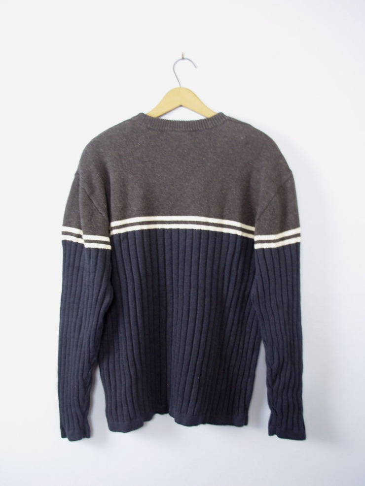 Vintage 90's grunge sweater, navy blue and grey ribbed knit sweater, striped sweater, size large