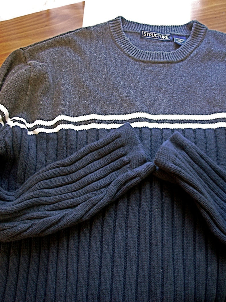 Vintage 90's grunge sweater, navy blue and grey ribbed knit sweater, striped sweater, size large