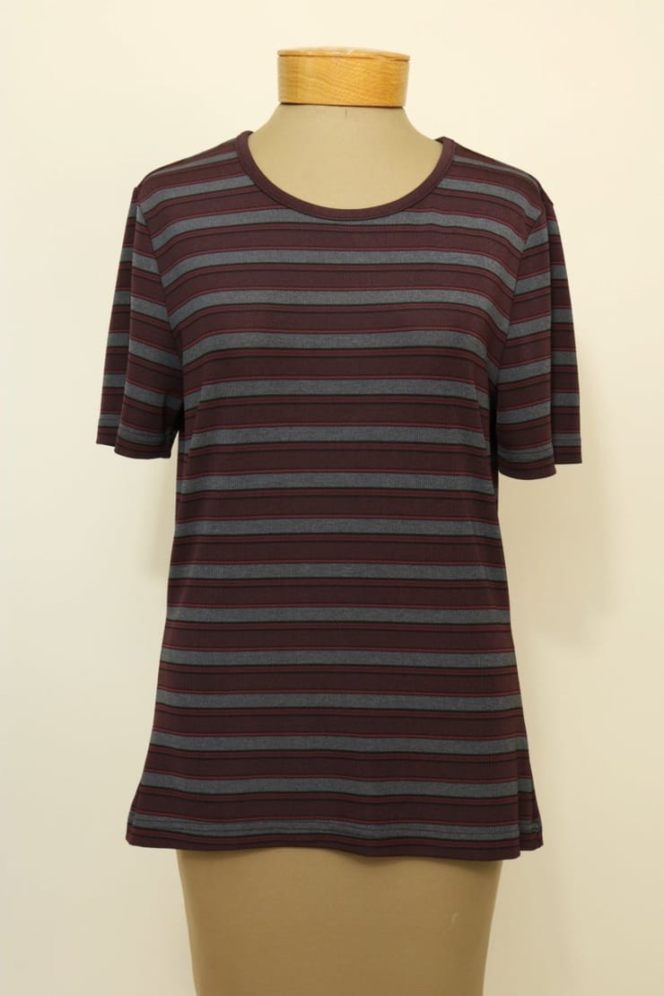 Vintage 90's Burgundy and Grey Striped T-Shirt (S/M)