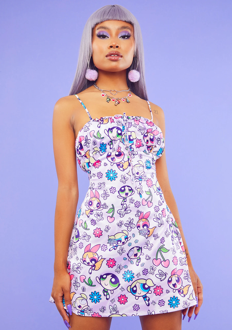Dolls Kill X Powerpuff Girls All Over Floral Print Satin Ruched Top Mini Dress - Purple | Dolls Kill