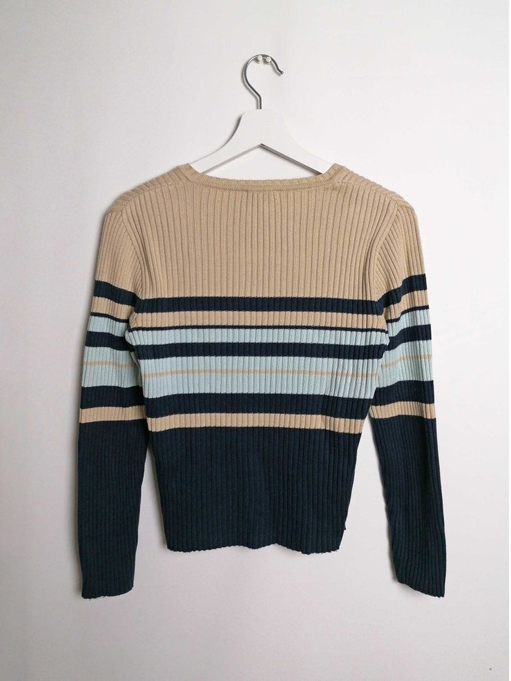 Vintage 90's Ribbed Knit Square Neck Striped Jumper/ Sweater