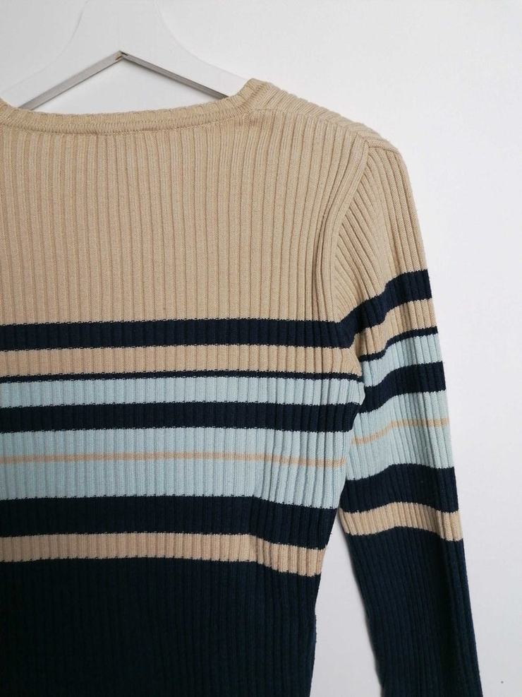Vintage 90's Ribbed Knit Square Neck Striped Jumper/ Sweater