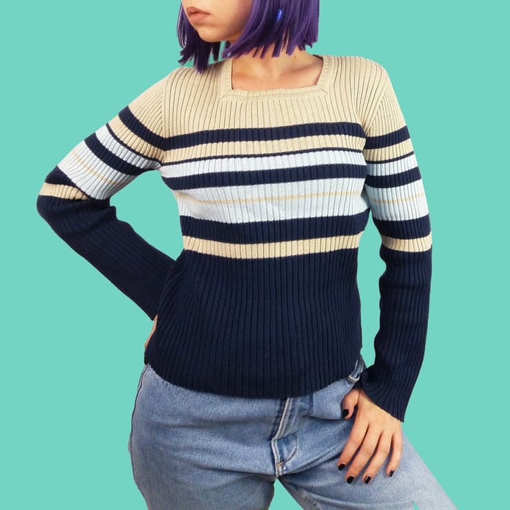 Vintage 90's Ribbed Knit Square Neck Striped Jumper/ Sweater