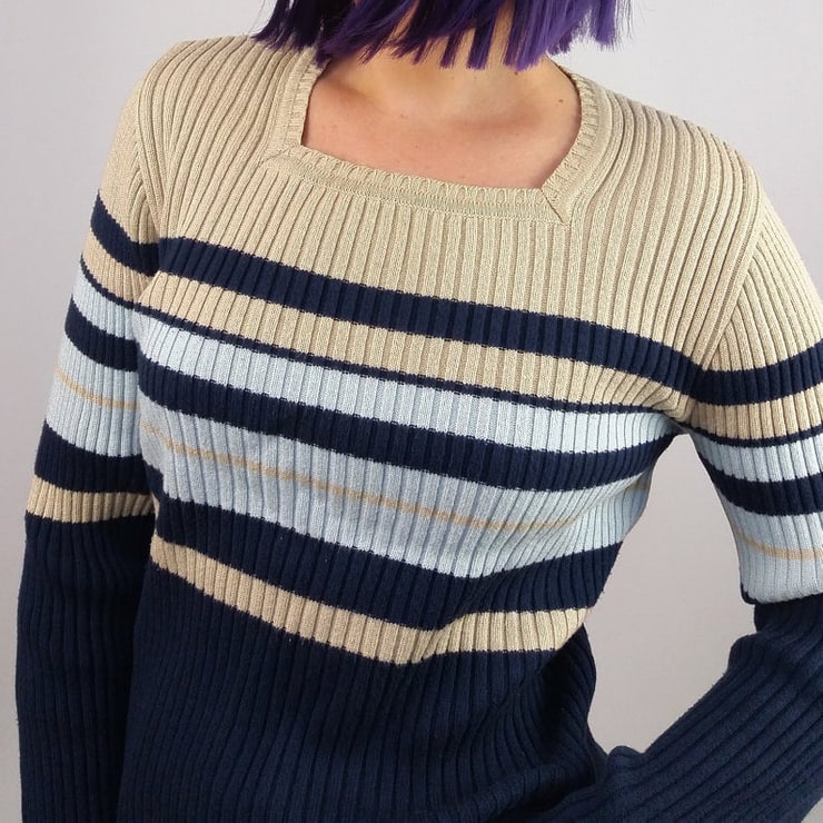 Vintage 90's Ribbed Knit Square Neck Striped Jumper/ Sweater
