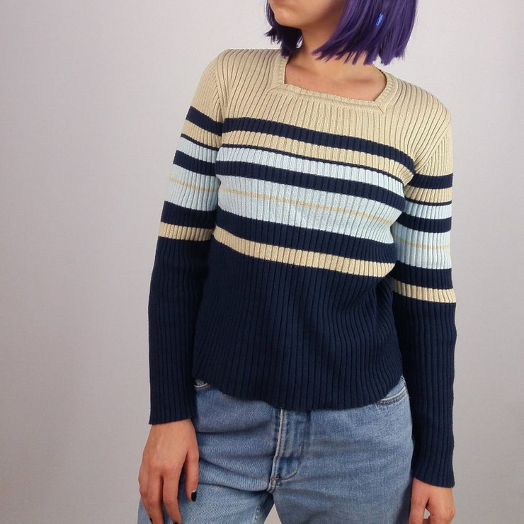 Vintage 90's Ribbed Knit Square Neck Striped Jumper/ Sweater