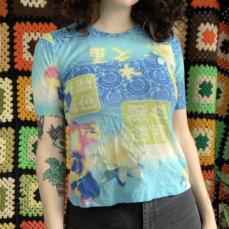 Vintage 90s Y2K micro mesh printed crop top with...