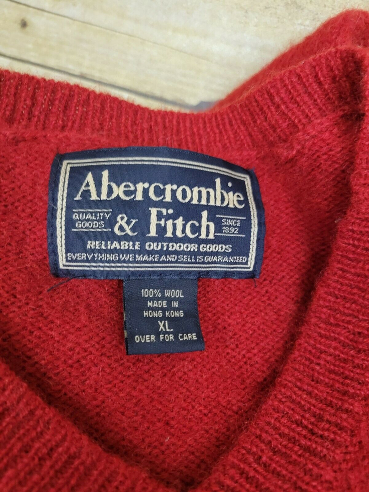 Vtg Abercrombie & Fitch Red Wool Sweater Mens XL Striped V-Neck Pullover Outdoor