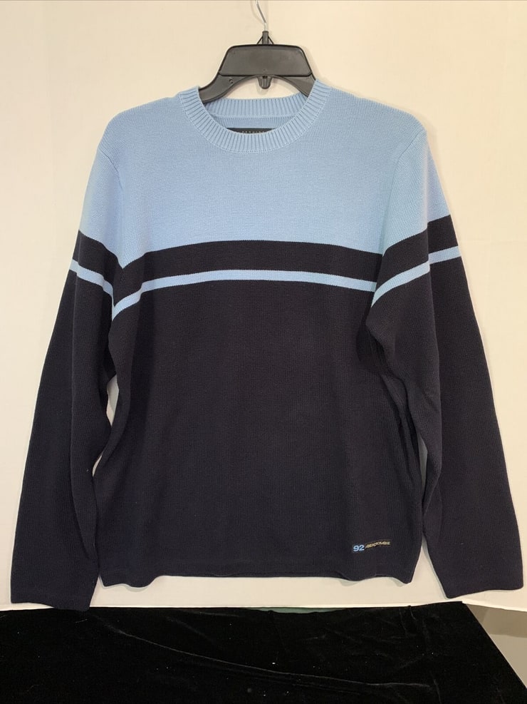 VTG Abercrombie Fitch Mens Sweater Large Blue Stripe Spell Out EUC image