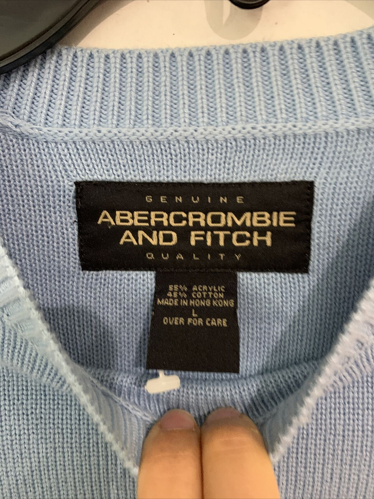 VTG Abercrombie Fitch Mens Sweater Large Blue Stripe Spell Out EUC