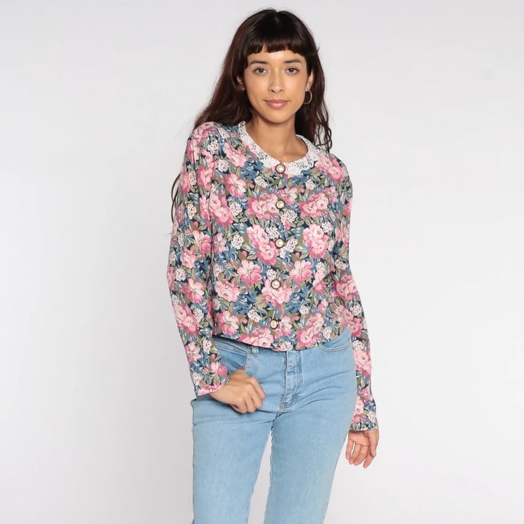 Floral Blouse 80s 90s Granny Button up Shirt Boho Top Lace