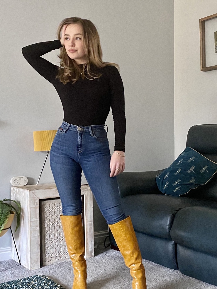 Connie Talbot in Tan Knee-High Boots