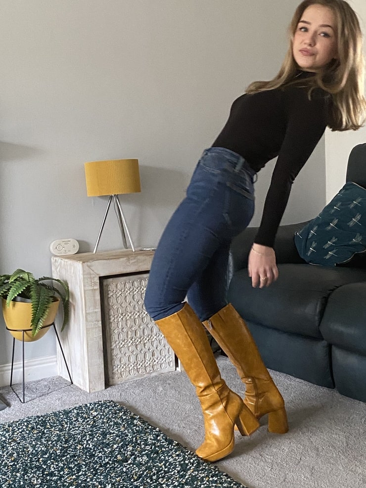 Connie Talbot in Tan Knee-High Boots