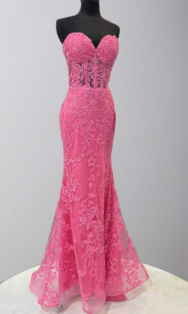 Picture of Hot Pink Applique Bustier Mermaid Prom Dresses Long Corset Formal Evening Dresses