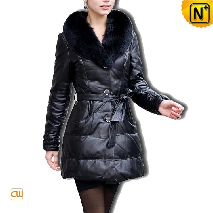 Black Leather Down Coat Women CW610004 - cwmalls.c