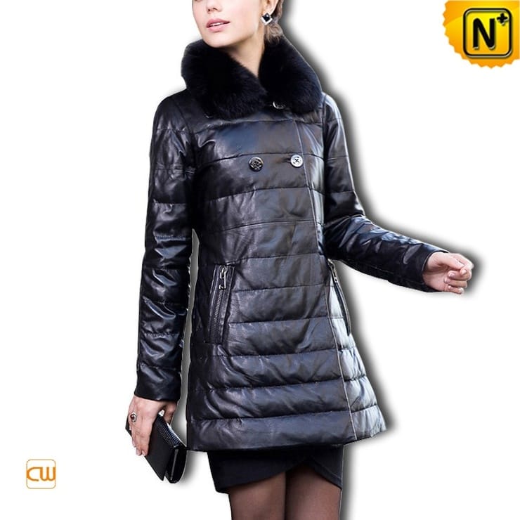 Designer Black Leather Down Coat CW610013 - cwmall