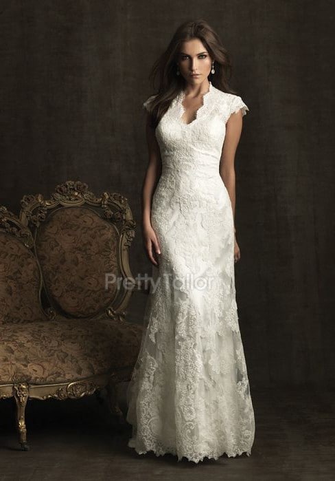 A line V Neck Lace Natural Waist Floor Length Wedding Dresses at prettytailor.com