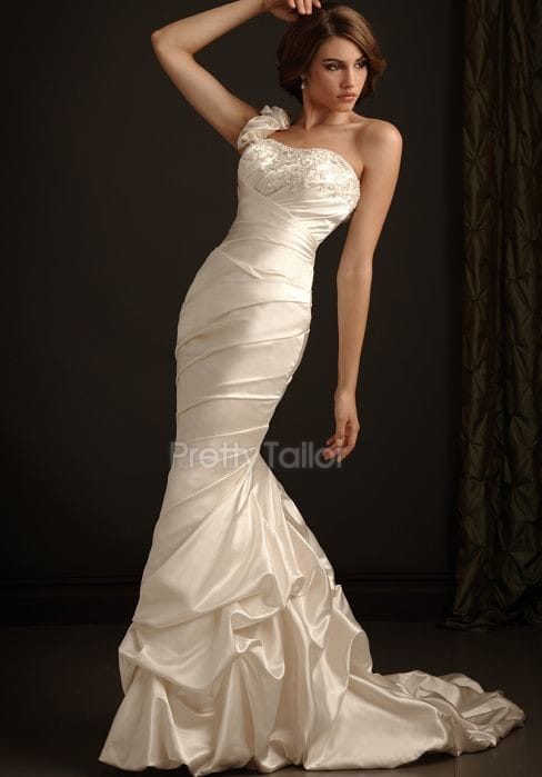 Satin One Shoulder Natural Waist Mermaid Sleeveless Wedding Dress at prettytailor.com
