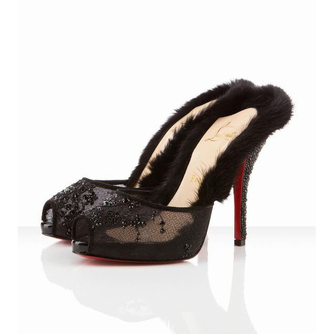 Christian Louboutin Nutria 120mm Black Lace Fur Strass Sandals