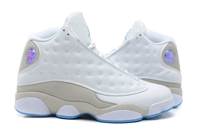 Air Jordans: Air Jordan 13 Men Size Basketball Shoes - Neutral Grey and University Blue and White
