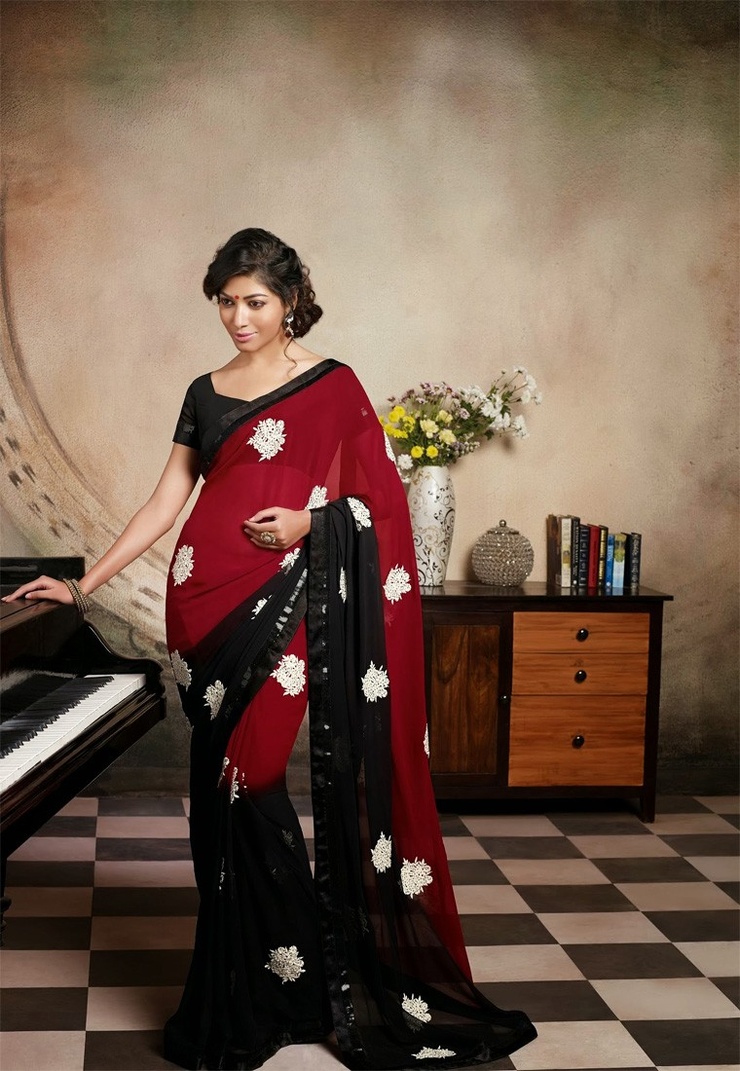 Maroon-Black Color Georgette Designer Saree