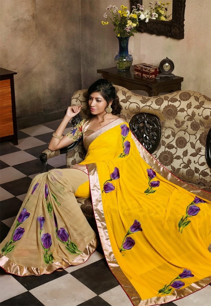 Yellow-Brown Color Chiffon Designer Saree