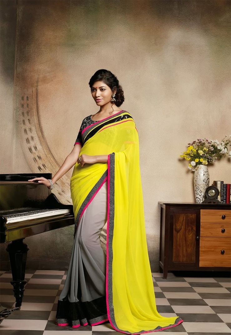 Yellow Color Georgette Designer Saree