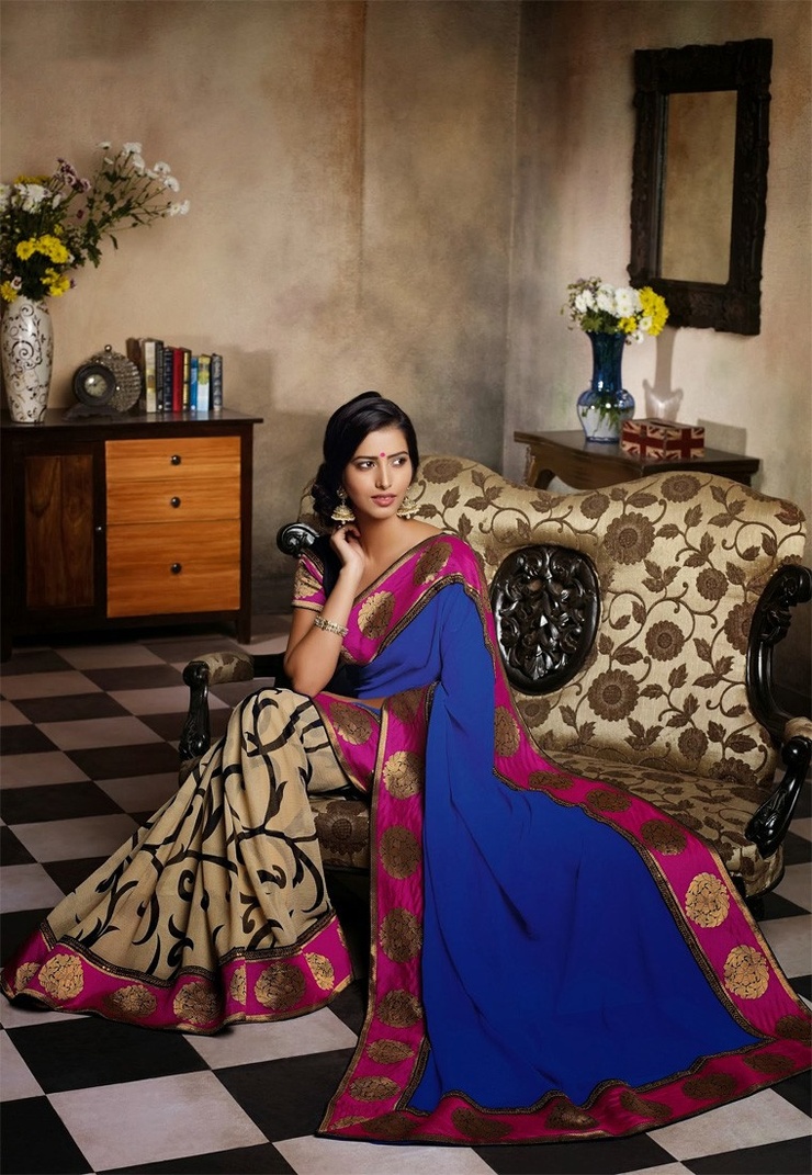Blue-Cream Color Chiffon Designer Saree