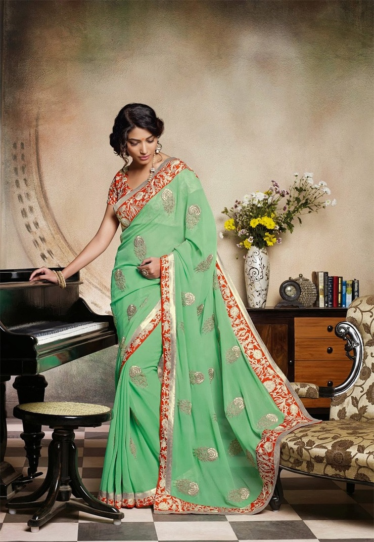 Green Color Georgette Designer Saree