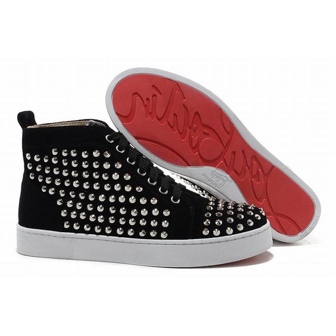 Christian Louboutin Louis Silver Flat Spikes Mens Sneakers Black Suede