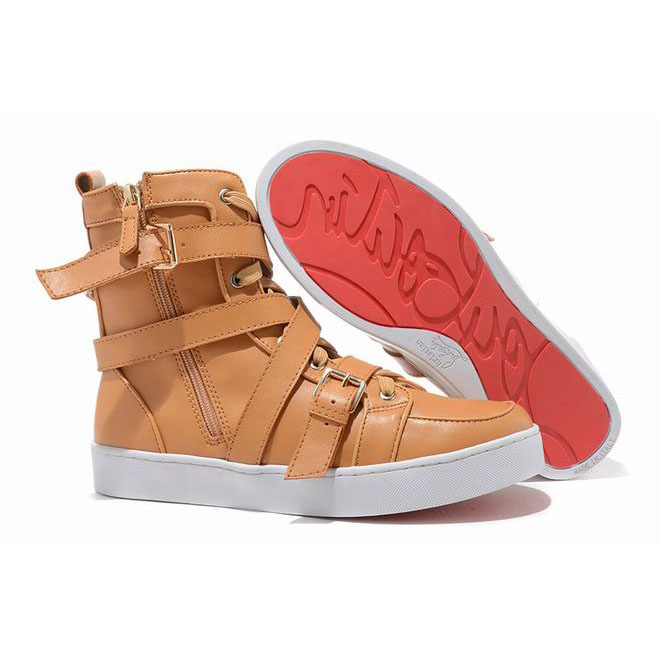 Light Brown Christian Louboutin Spacer Flat High Top Womens Leather Red Sole Sneakers