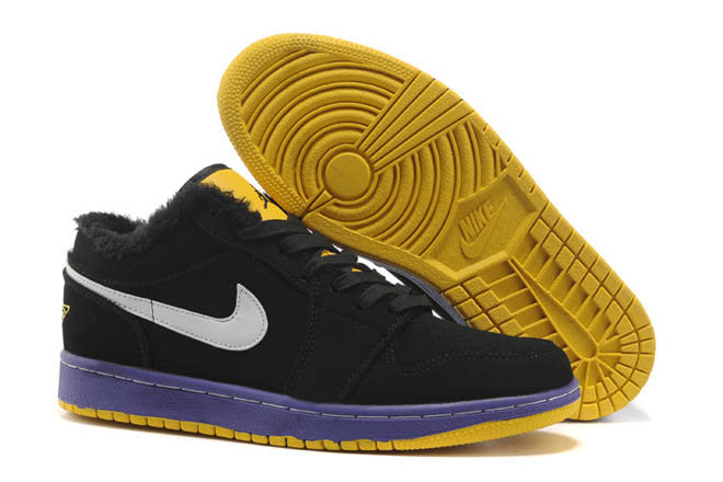 Retro Jordan 1 Men Shoes - Suede with Black Purple and White Gold - Black Fur Winter Shoes Low