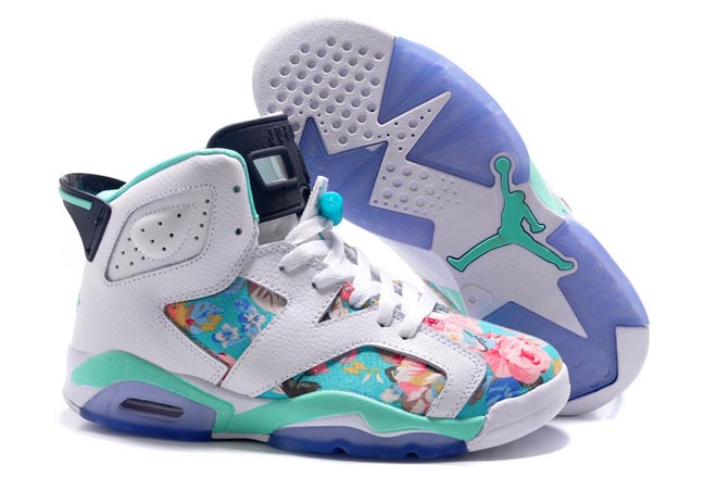 White and Turquoise Floral Nike Jordan 6 Retro Female Trainers