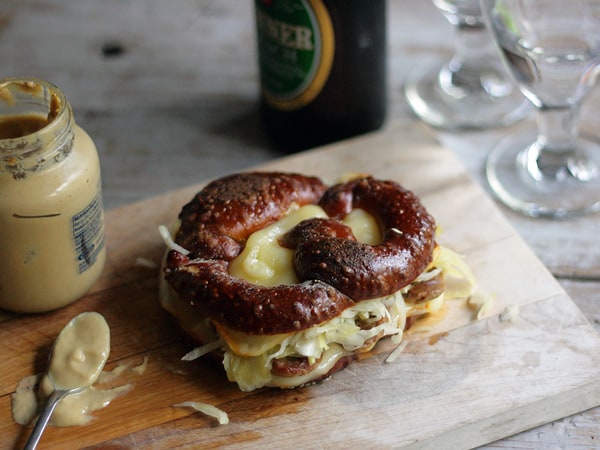 Bratwurst, Sauerkraut, and Muenster Grilled Cheese on a Soft Pretzel