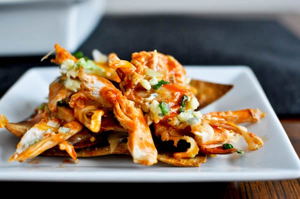 Layered buffalo chicken nachos