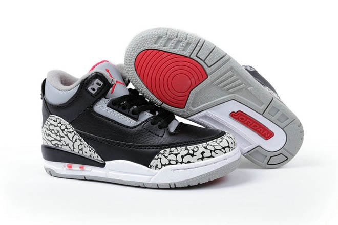 Black Cement/Grey/Sport Red -Jordan 3 Kids Basketball Shoes Leather