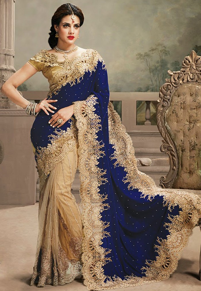 Beige & Blue Color Velvet & Net Designer Saree