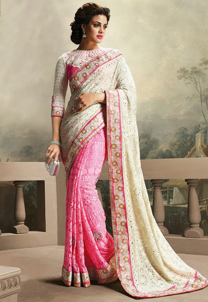 Pink & Off white Color Net Designer Saree