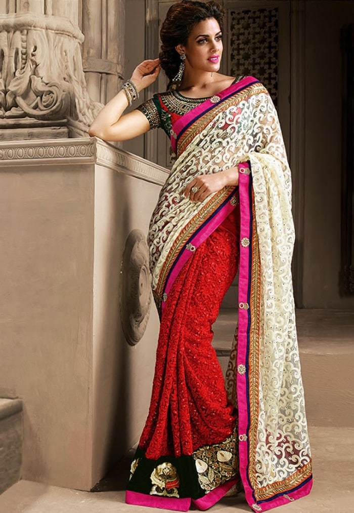 Red & White Color Net Designer Saree