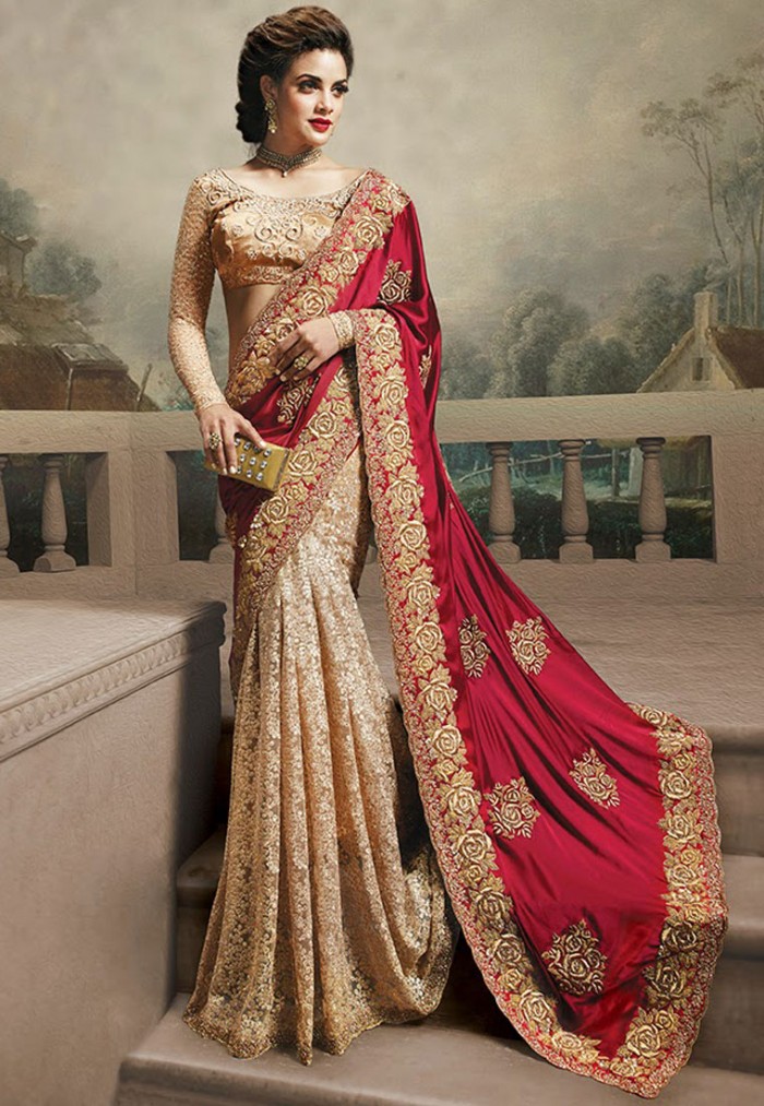 Maroon & Cream Color Satin Net Designer Saree
