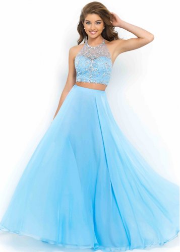 2015 Newest Two Piece Halter High Neck Powder Blue Beaded Prom Dress