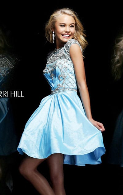 2014 Beaded Sherri Hill 4300 High-Neck Light Blue Short Tulle Prom Dress