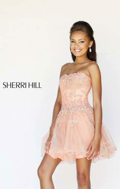 2014 Beaded Nude/Peach Tulle Sherri Hill 11062 Short A-Line Prom Dress