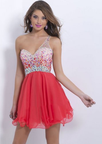 Multi Color Beads One Shoulder Open Back Red Prom Dress