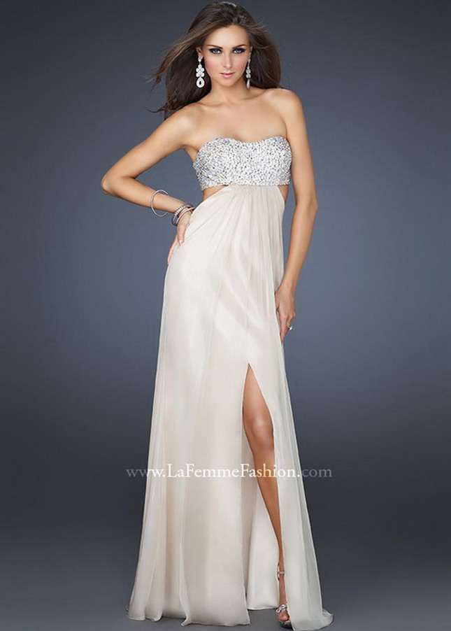 Strapless La Femme 16291 Nude Beaded Cutout Open Back Slit Dress